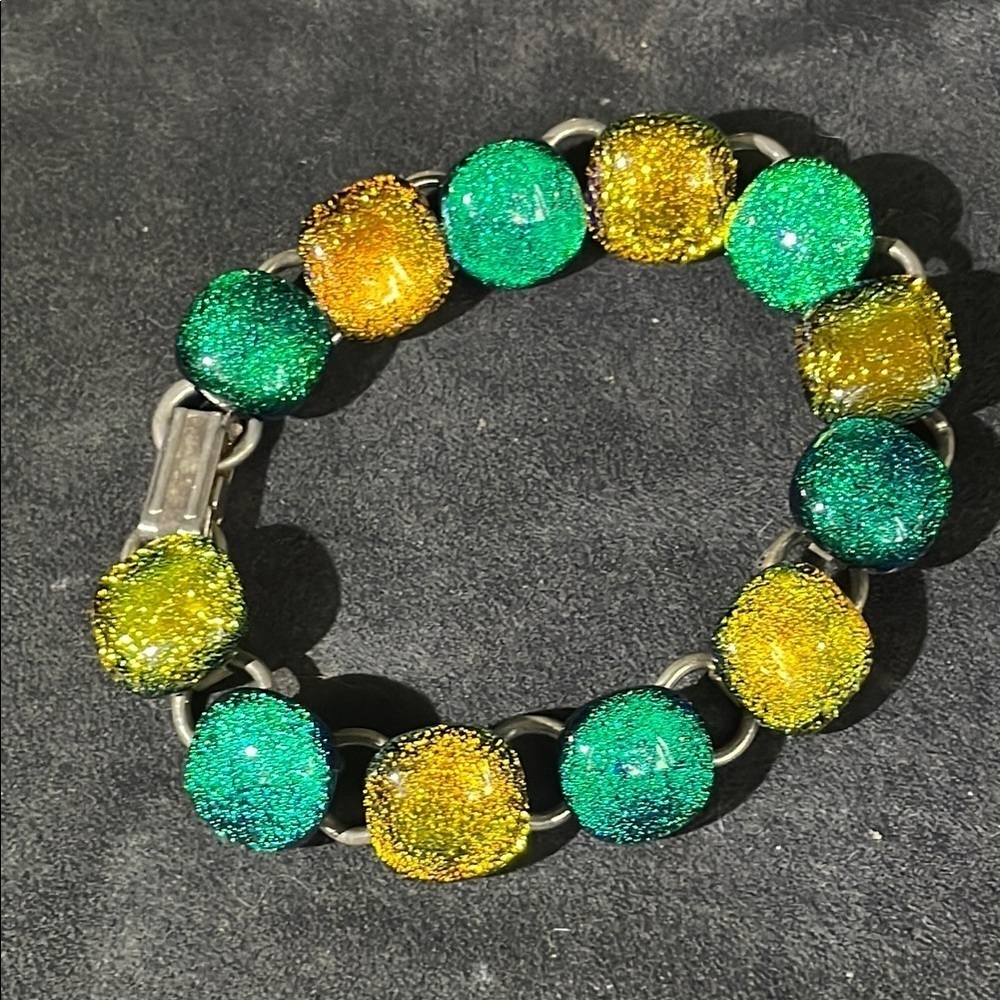 Vintage 1980 DichroicGreen and Gold firey glass Bracelet